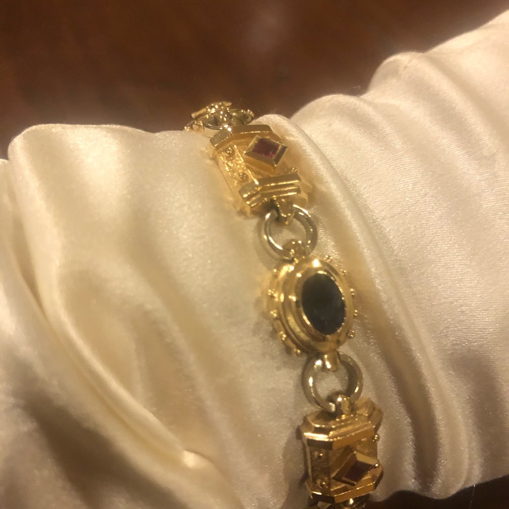 🌷Etruscan Revival Statement Bracelet Multi Colored Gemstones 14K Gold - Picture 3 of 16
